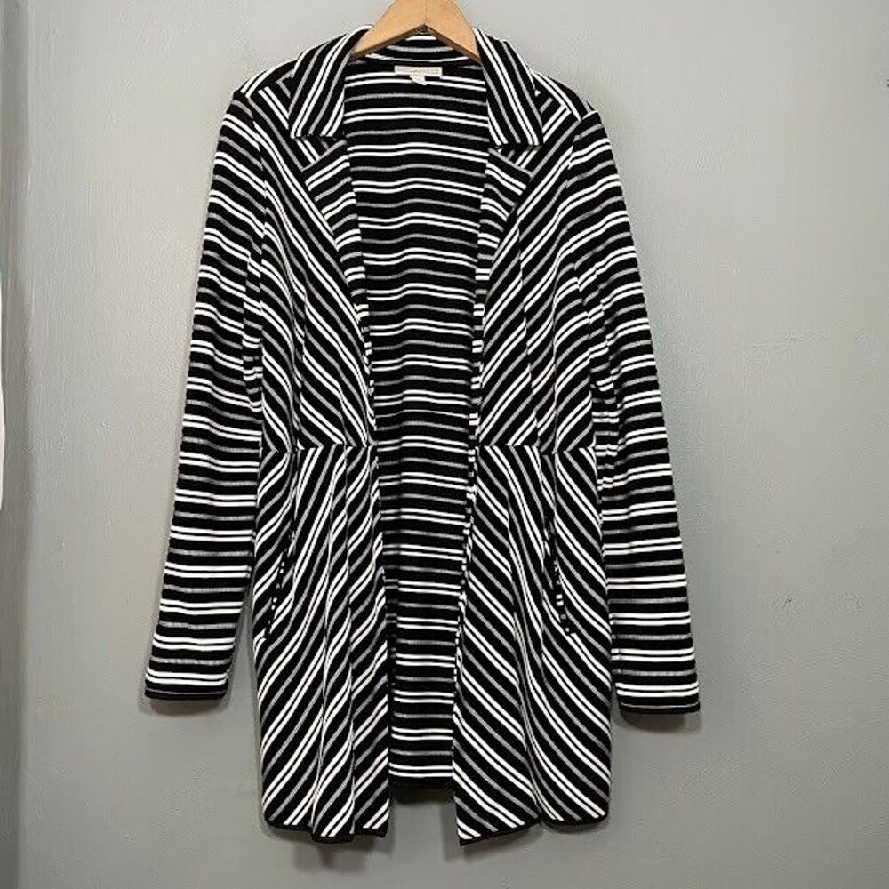 Dana Buchman Size L Black White Striped Cardigan Jacket Longline Chic Classic